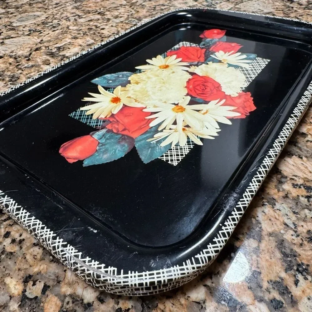 Vintage Mid-Century Red Roses White Daisies Black Metal Serving Trays Set of 4